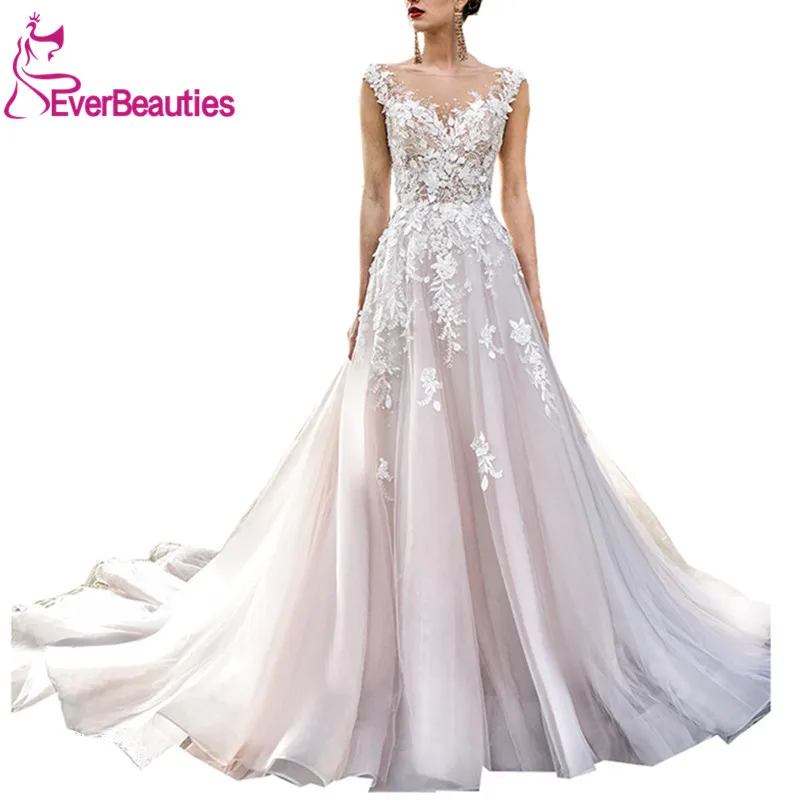 

Wedding Dresses 2020 Tulle Appliques Cap Sleeves Heavily Embellished Bride Dress Romantic Blush Wedding Gown Vestido De Noiva