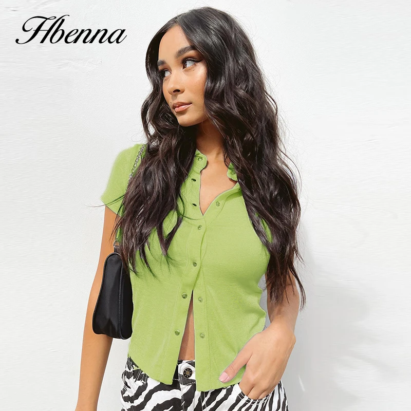 

Hbenna Short Sleeve Shirts Women Turn-down Collar Button Up Solid Crop Top Women Skinny Summer Cropped Shirts Ladies Cardigan