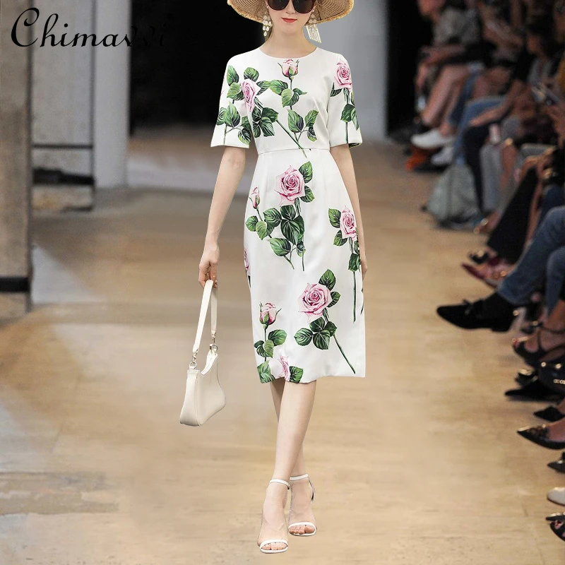 

Round Neck Short Sleeve Elegant Dress Fashionable Rose Print Mid-calf Dress Women 2021 Summer Slim Temperament Midi Dress