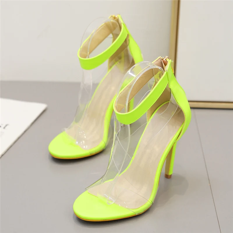 Summer Women Neon Sandals 11cm High Heels Strappy Transparent Sandals Dress Sexy Fetish Green Shoes Lady Valentine Pumps