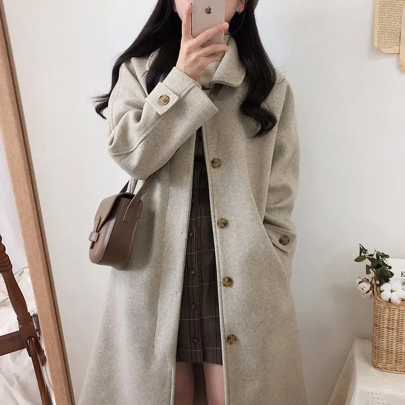 

Women Coats and Jackets Winter Lapel Outerwear Female Mid-Long New Korean Style Single Breasted Solid Color Chic Ladies Overcoat