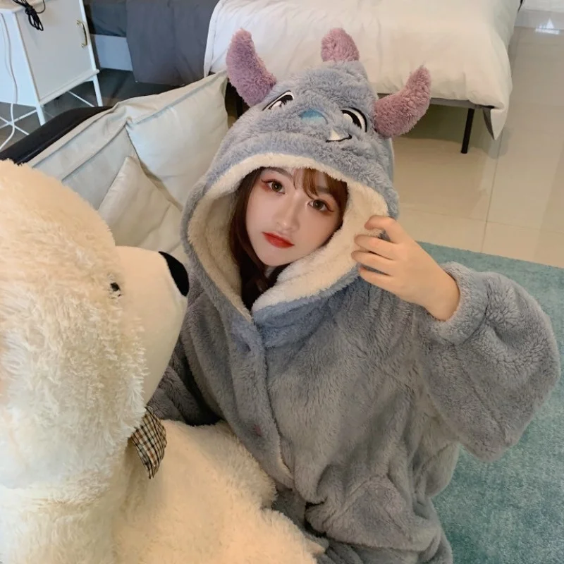 Thickened Cotton Pajamas Winter Women's 2021 New Cute One-piece Funny Dinosaur Winter Nightgown Loose Long Nightdress