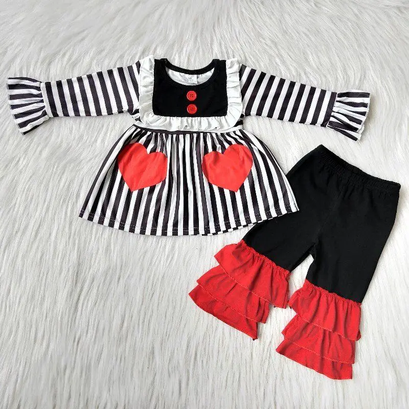 

RTS 2021 Valentines Black Stripe Red Heart Print Ruffle Pants Tunic Baby Little Girls Children 2PCS Boutique Outfits Clothing