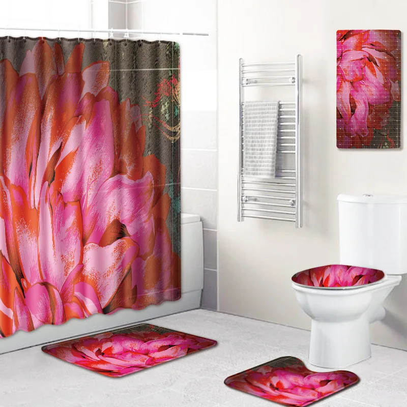 

5pcs Bathroom Curtain Set Pink Flowers Shower Curtain Bathroom Curtain Hooks Bath Mats Set with Shower Curtain Bathroom Rug Set