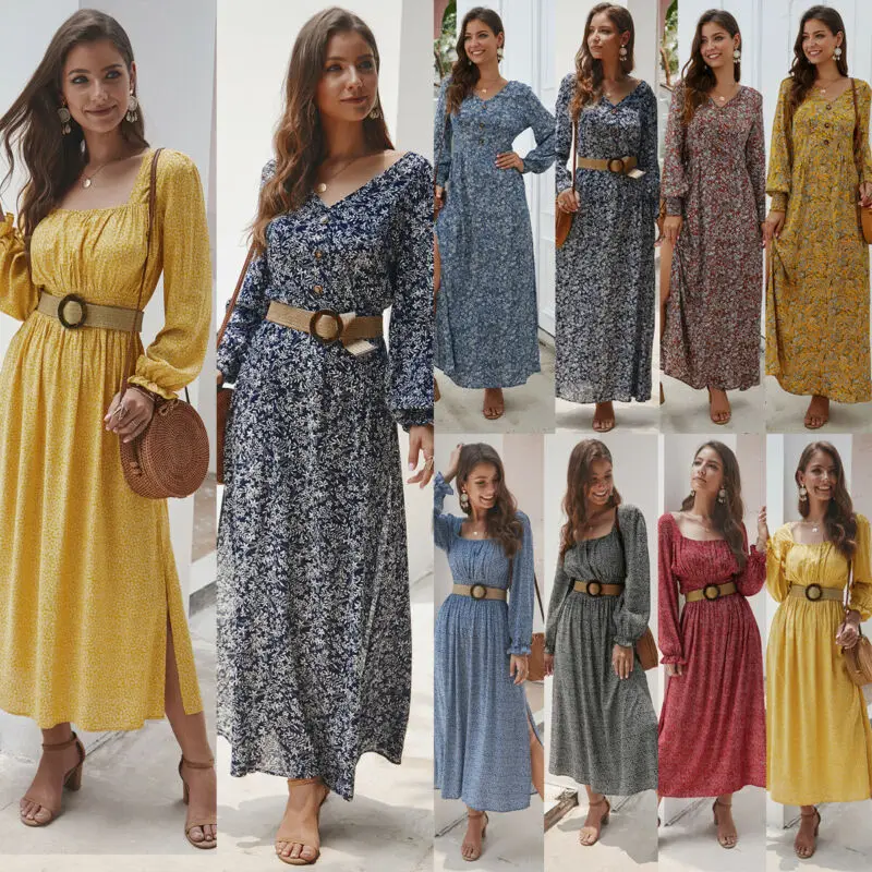 Женские длинные расклешенные рукава осеннее платье в горошек Длинное Макси