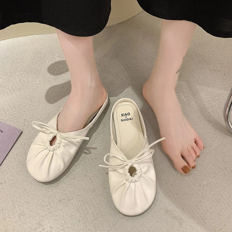 

Loafers Low Rubber Slippers Summer Women's Shoes Luxury Slides Cover Toe Female Mule Pantofle Butterfly-Knot Designer Flat Mules