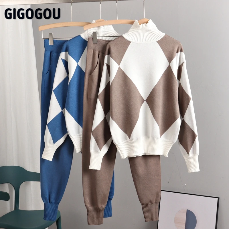 

GIGOGOU Geomatric Knit 2 Piece Sets Women Sweater Tracksuits Autumn Turtleneck Pullovers Top + Knit Harem Pants Suits Jacket