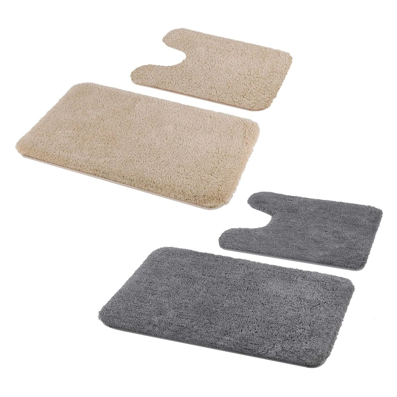 

4 Pieces - Shaggy Soft Bath Mat & U-Shaped Toilet Rug, Non-Slip Machine Wash/Dry Absorbent-Camel & Gray