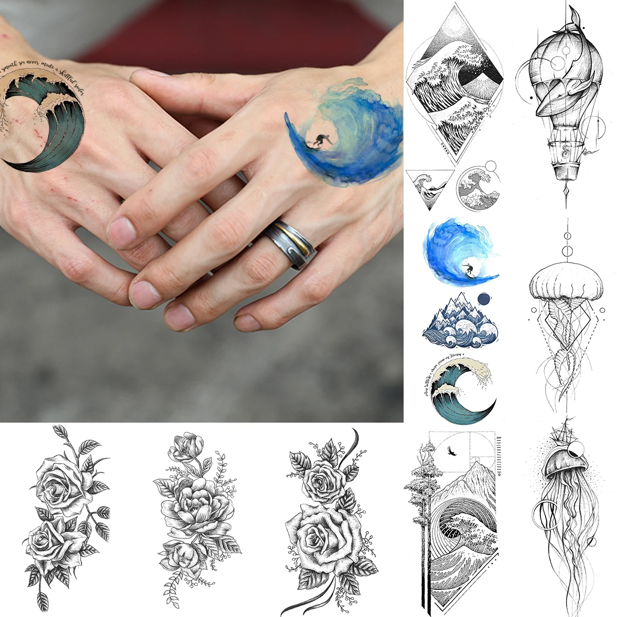 

Крутая волна для серфинга, временные татуировки для искусственных татуировок, наклейки, водонепроницаемые татуировки в виде горной медузы,...