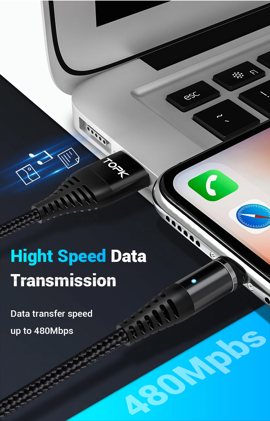 Магнитный usb-кабель TOPK 5A для быстрой зарядки, кабель USB type C, Магнитный зарядный кабель Micro usb для iPhone X, samsung, Xiaomi