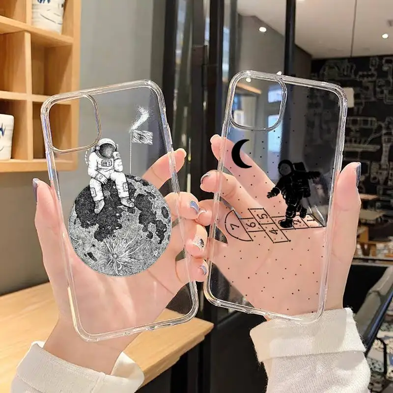 

Black White Moon Stars Space Astronaut Phone Case Transparent for iPhone 6 7 8 11 12 s mini pro X XS XR MAX Plus SE cover funda