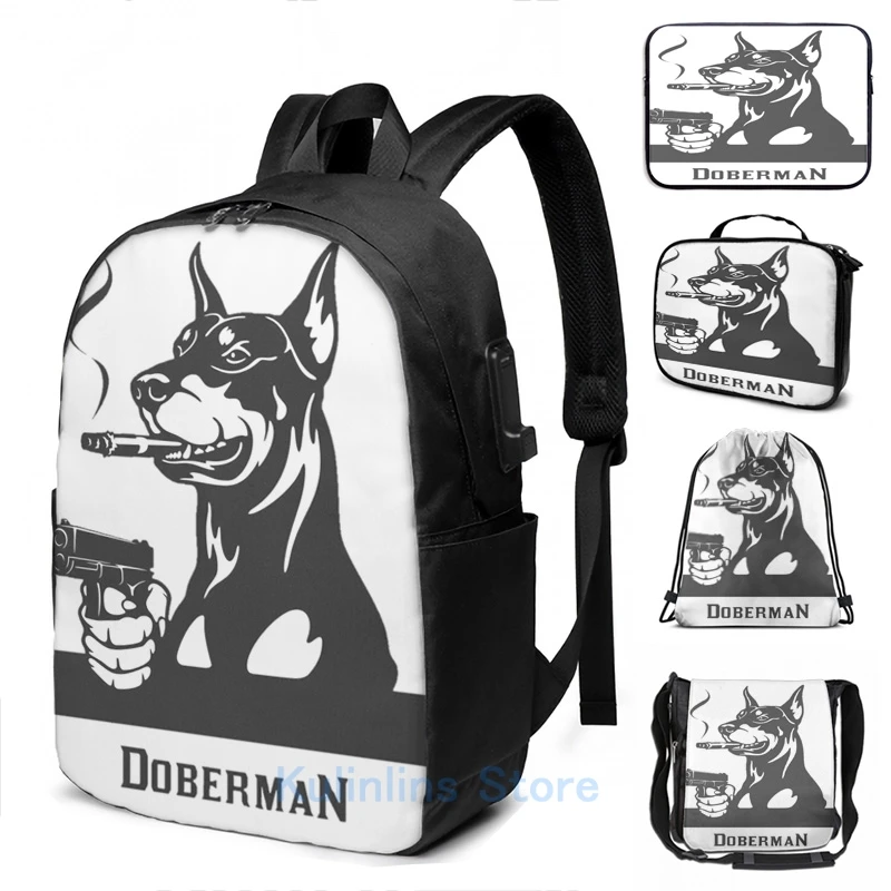 Фото Забавный графический принт копии Dobemann USB заряд рюкзак школьные сумки Для женщин