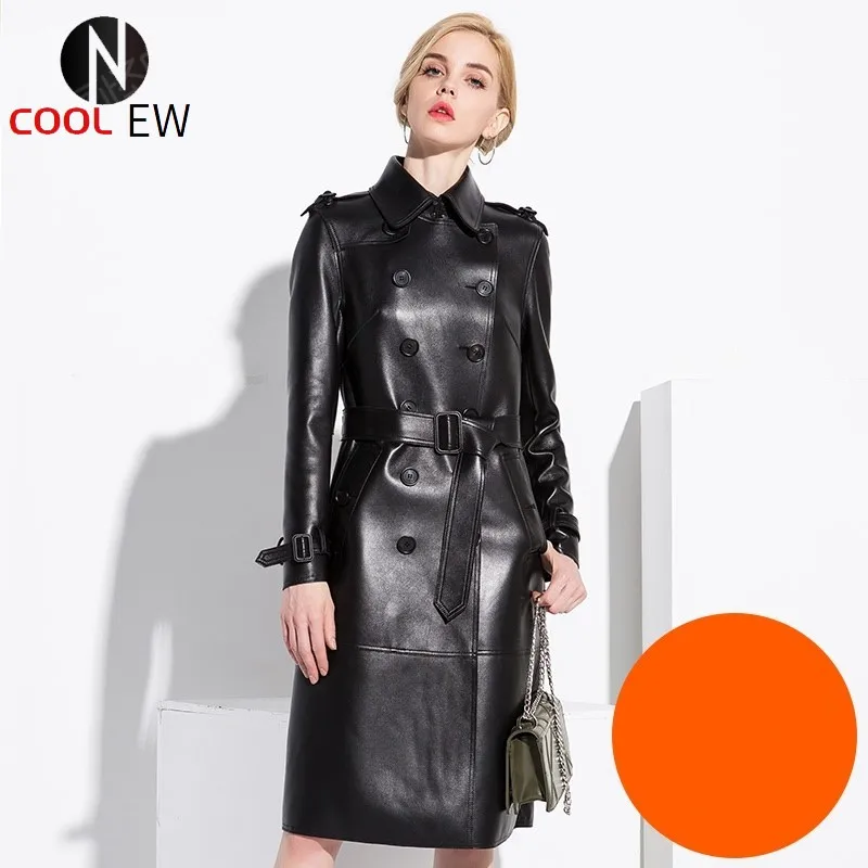 

2021 Fashion Genuine Leather Jacket Women Natural Sheepskin Coats With Belt Autumn Winter Long Trench Coat Female Windbreaker