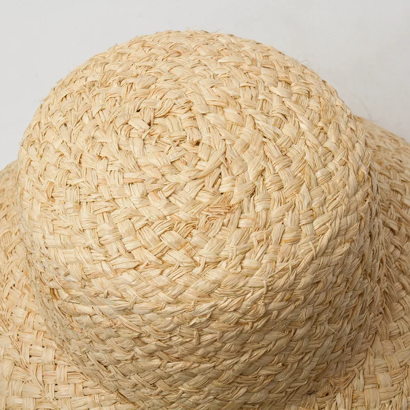 20205-HH7330  long ribbon Handmade raffia grass Hepburn style Lampshade shape lady  bucket  hat Outdoor women holiday beach  cap