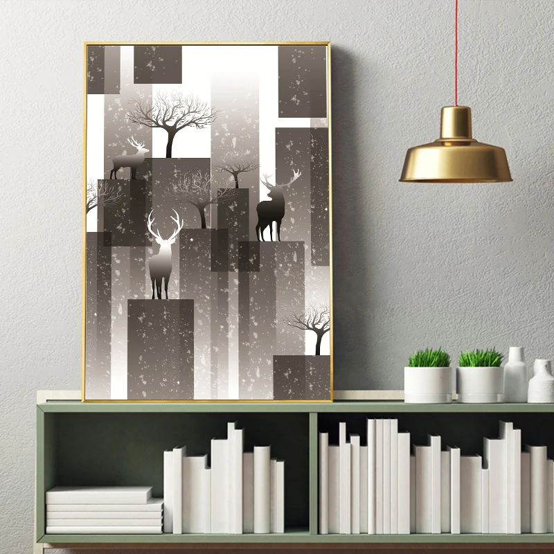 Абстрактная геометрическая живопись на холсте олень черно-белая цветная печать