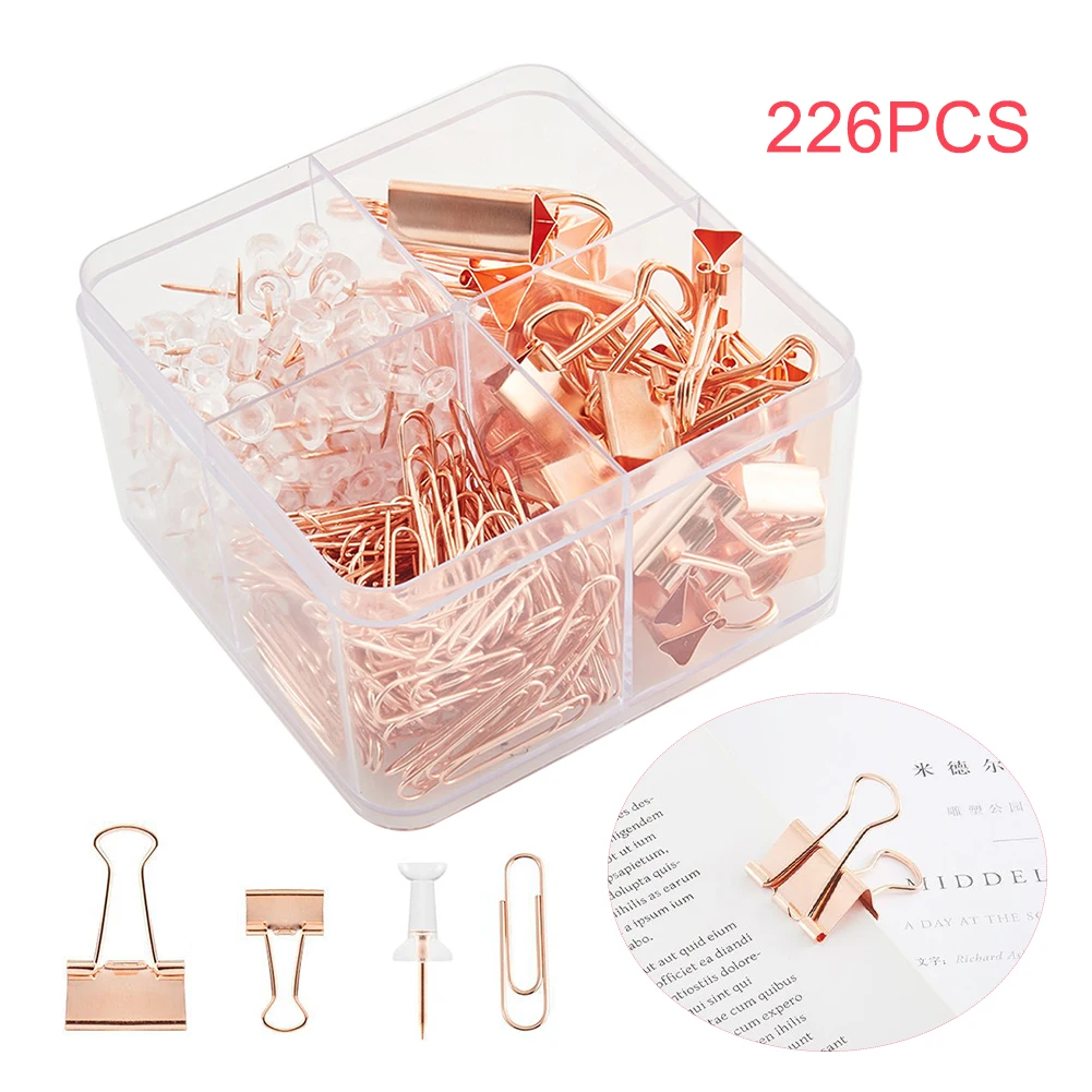 

226pcs Binding Metal Stationery Paper Clips Set Home Rose Gold Binder Clamps With Storage Box Push Pins Assorted Office Supplies