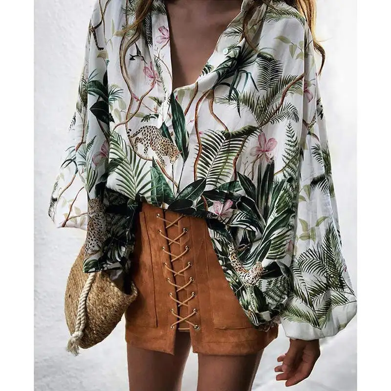 Женская Повседневная Блузка с длинным рукавом и растительным принтом Свободный