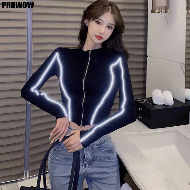 

2020 Autumn Ladies Slim Zipper Reflective Strip T Shirts Korea One-Piece Woman Base Shirt Tops Fashion Lady Long Sleeve T-Shirts