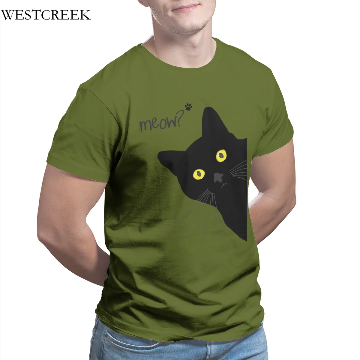 

Men's T-shirt Meow Black Cat Tee Shirt Homme De Marque Kawaii Short Sleeve Retro Top quality Tees 34751