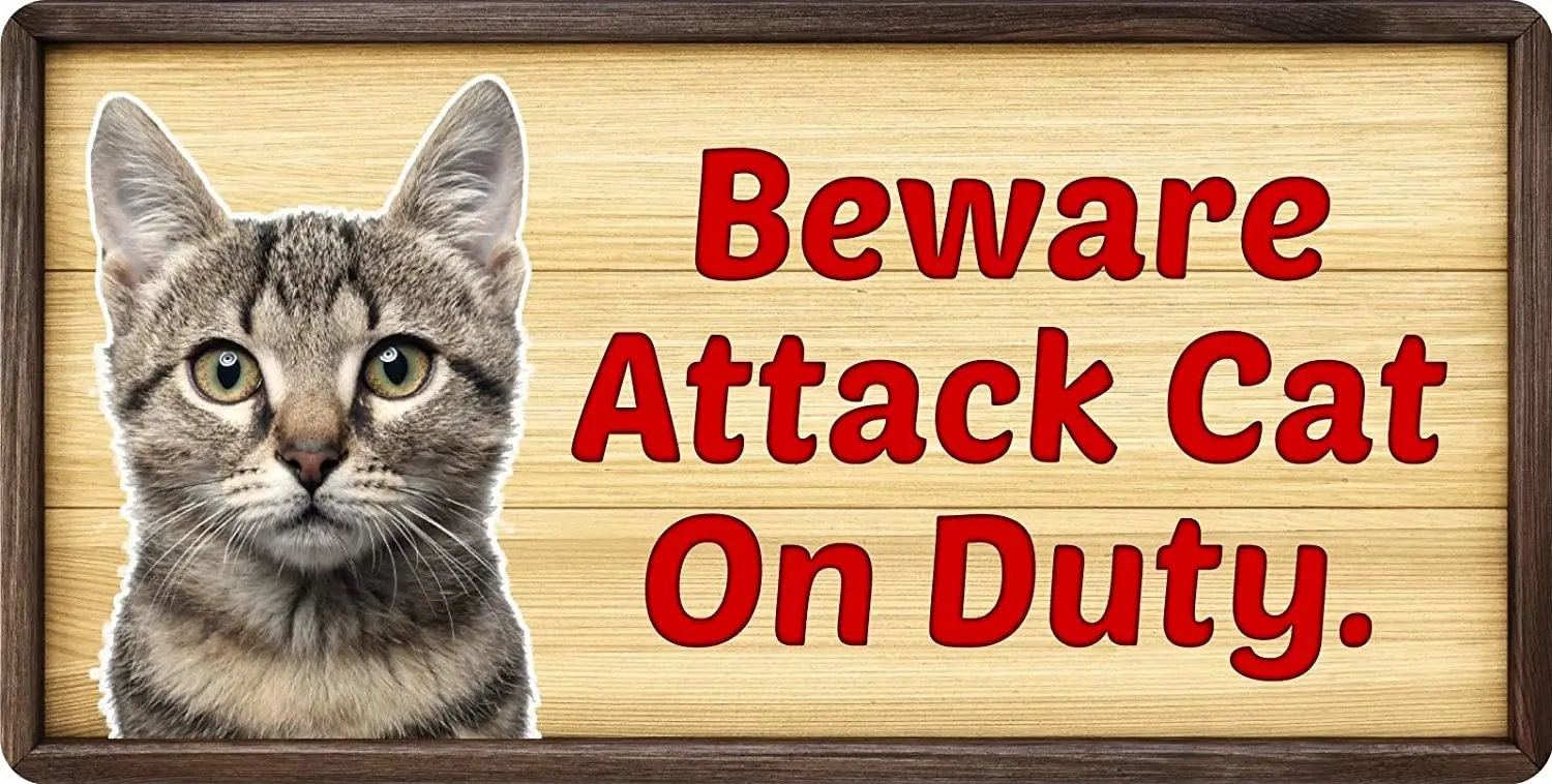 

StickerPirate 148HS Beware Attack Cat On Duty Aluminum Hanging Novelty Sign