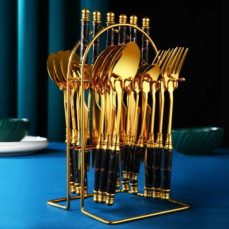 

24Pcs Gold Dinnerware Set Stainless Steel Tableware Set with Storage Rack Knife Fork Spoon Luxury Cutlery Set