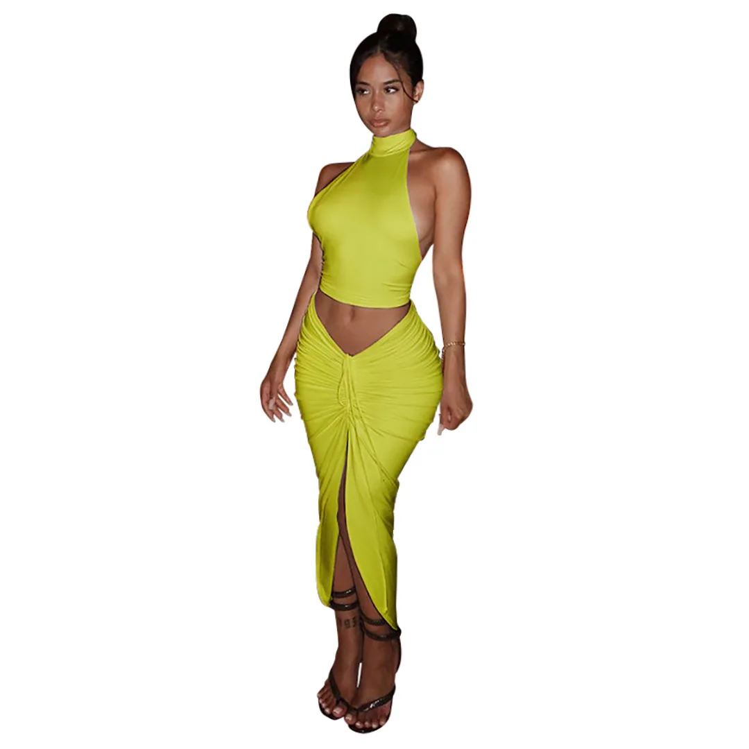 

Sexy Halter Skirt Set Sleeveless Crop Tank Top + Dress Tracksuit Women Drawstring Bandage Summer Clothes For Women Outfit