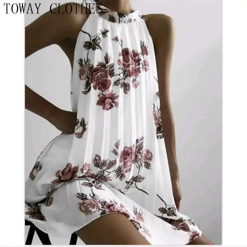 Женское летнее платье без рукавов, повседневное мини-платье на бретелях с круглым вырезом, цветочным принтом и рюшами, 2022