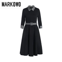 markowo desinger brand 2022 autumn womens new mid sleeved temperament waist waist long a line skirt belt dress