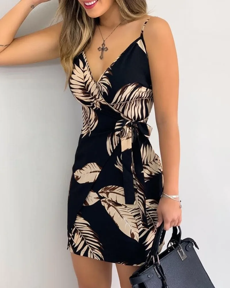 

Tropical Print V-Neck Wrap Casual Dress Women Sleeveless Summer Holiday Mini Dress