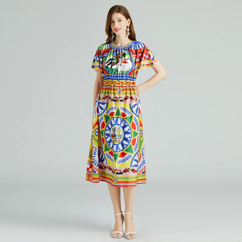 Женское элегантное платье разноцветное винтажное праздничное с принтом солдата