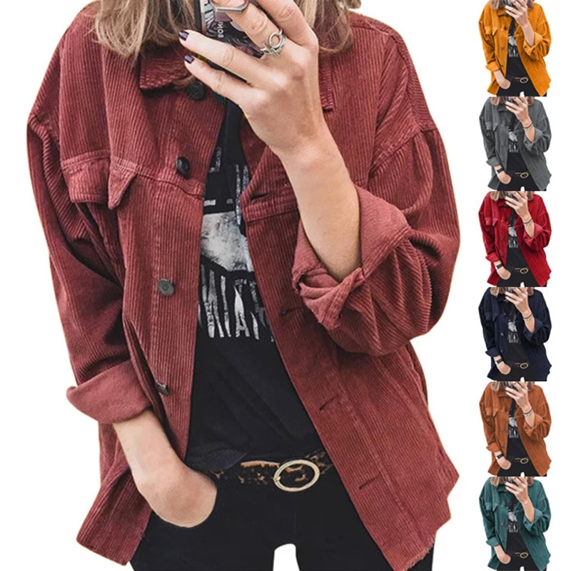 

2021 Fall Women's New Jacket Corduroy Button Cardigan Jacket Long Sleeve Lapel Loose Jacket