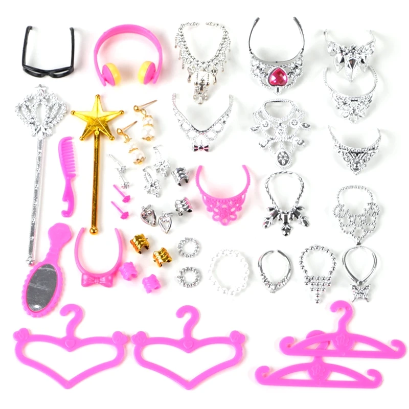 

38pcs/Set Barbi Doll Accessories Simulation Jewelry Necklace Crown Earrings Pink Hanger Mirror Comb For Barbi Doll Toys