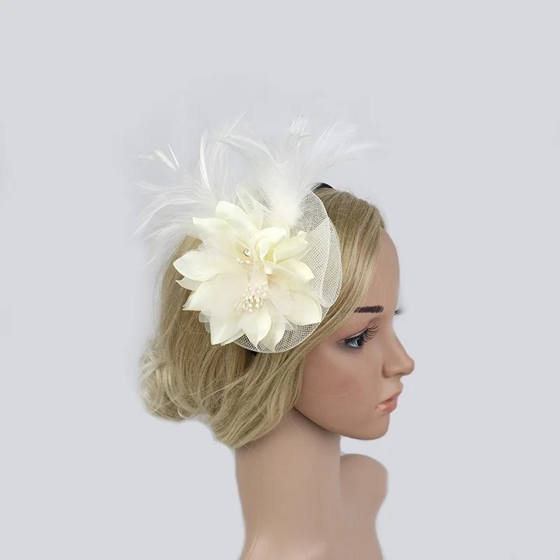 

New Boutique Flower Hat Headband Net Yarn Feather Headdress Bridal Wedding Party Hair Accessories Accessories
