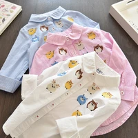 spring dress new girl korean long sleeved shirt owl cartoon embroidered striped shirt white blouse