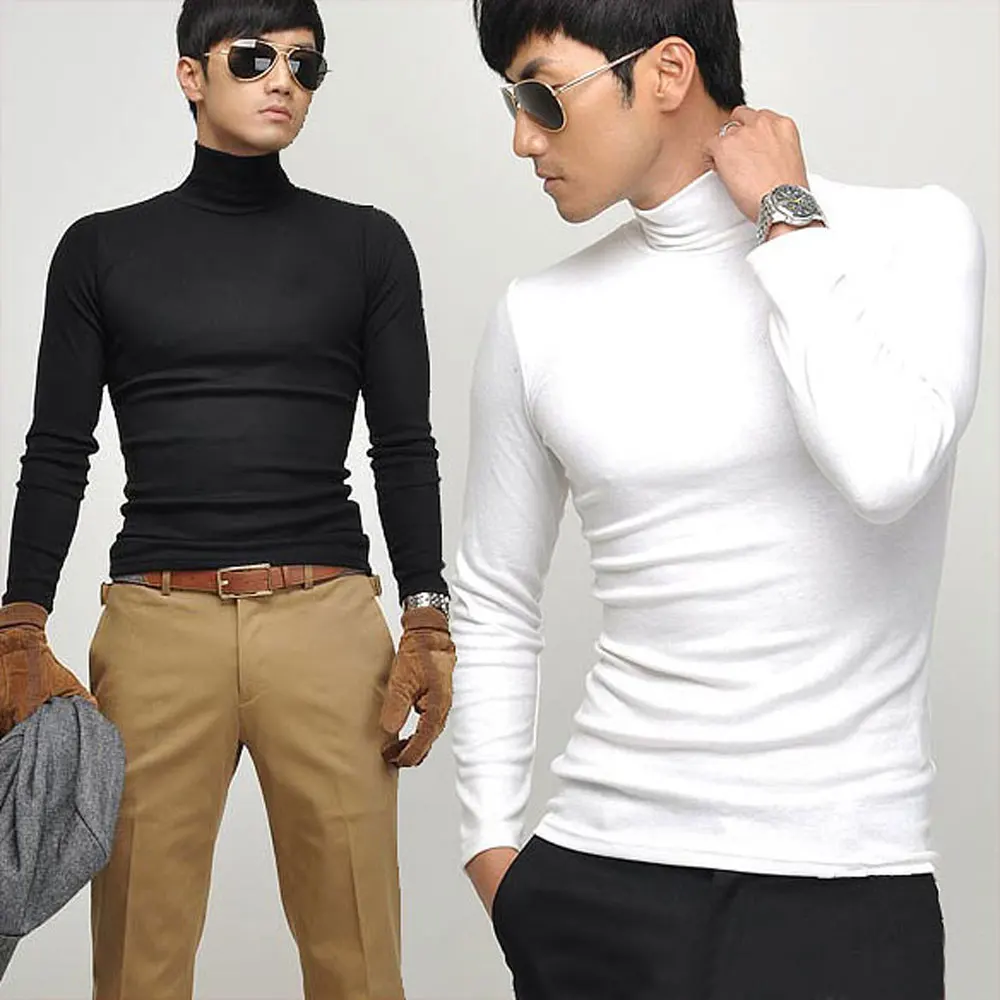 Новые осенние повседневные мужские футболки с длинными рукавами из хлопка с высоким воротником, облегающие стильные футболки, футболка больших размеров s-xxxl
