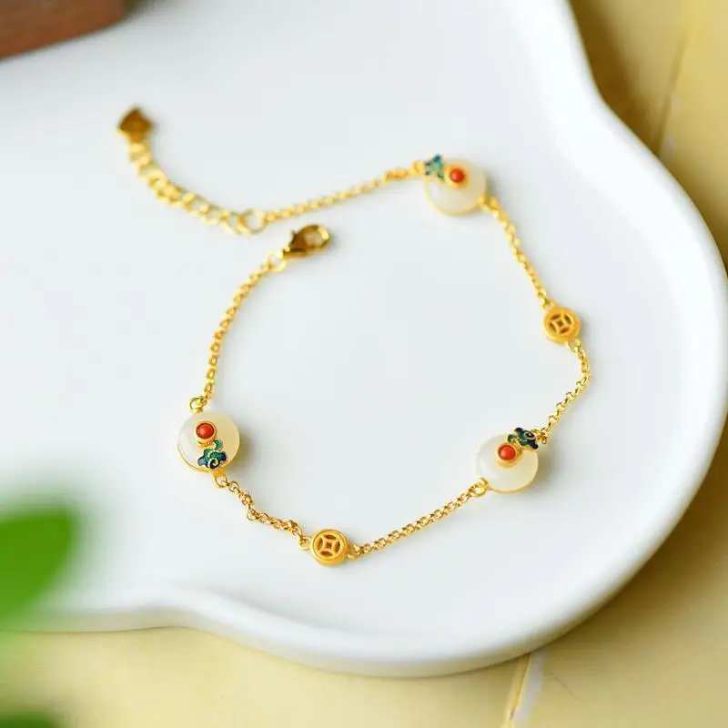 

Natural Hetian Jade Safety Buckle Bracelet Roasted Blue Craft 925 Sterling Silver Inlaid Ancient Silver Court Retro Style