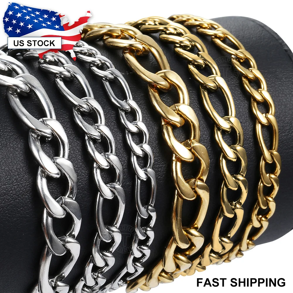  - Womens Mens Bracelets 5/7/9mm Gold Silver Color Stainless Steel Figaro Link Chain Bracelet for Men Women 8-9inch Fashion LKBM171