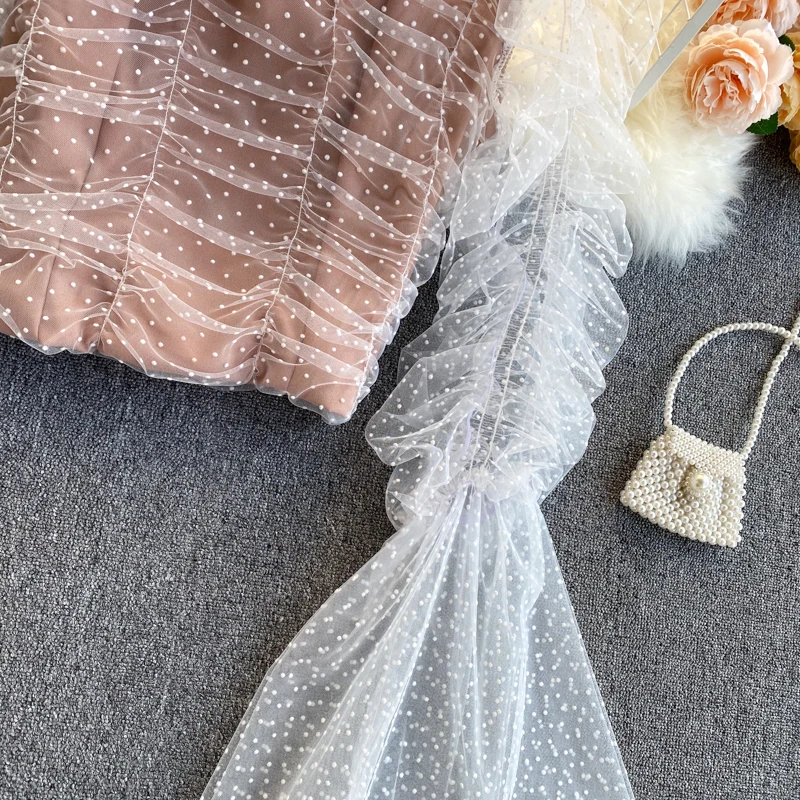 

Mesh Patchwork Blouse Women Spring O Neck Flare Sleeve Elastic Ruched Tops Korean Solid Polka Dot Short Blouses