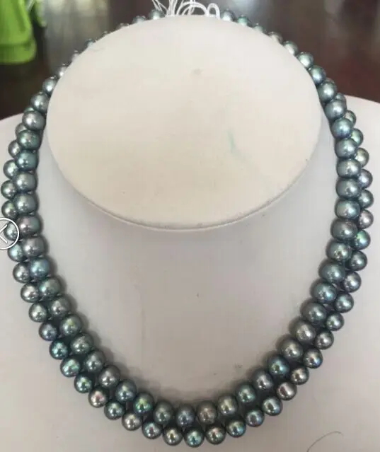 ?? 2 Rows9-10MMラウンドシルバーグレー真珠necklace17