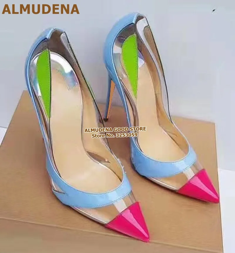 12cm heel ALMUDENA/прозрачные туфли-лодочки из ПВХ на высоком каблуке 12 см; свадебные туфли с острым носком; Цвет Небесно-Голубой; Разноцветные модельные туфли-лодочки - Цвет: 12cm heel