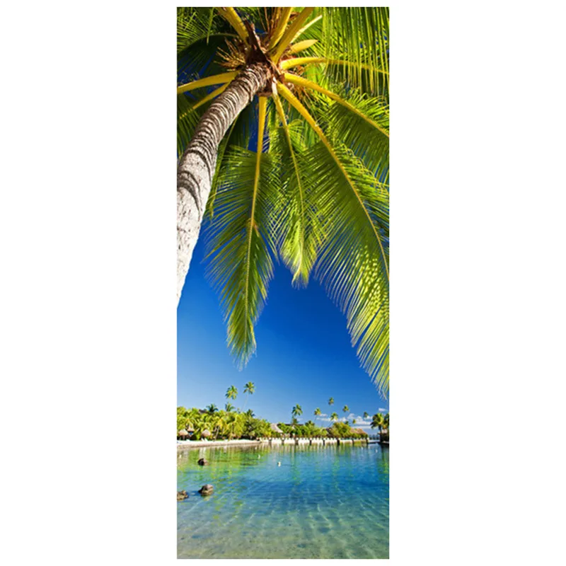 77*200cm sea view door stickers sunny seaside Beach Palm Tree 3d wall art vinyl mural home decoration Summer scenery wallpaper | Дом и сад