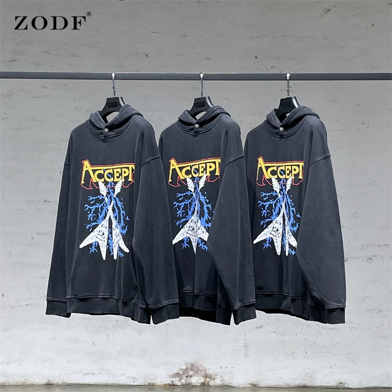 

Модные Дизайнерские мужские хлопковые Толстовки ZODF на осень и зиму 380 г/м2, свободные толстовки унисекс с капюшоном и принтом в стиле High Street ...