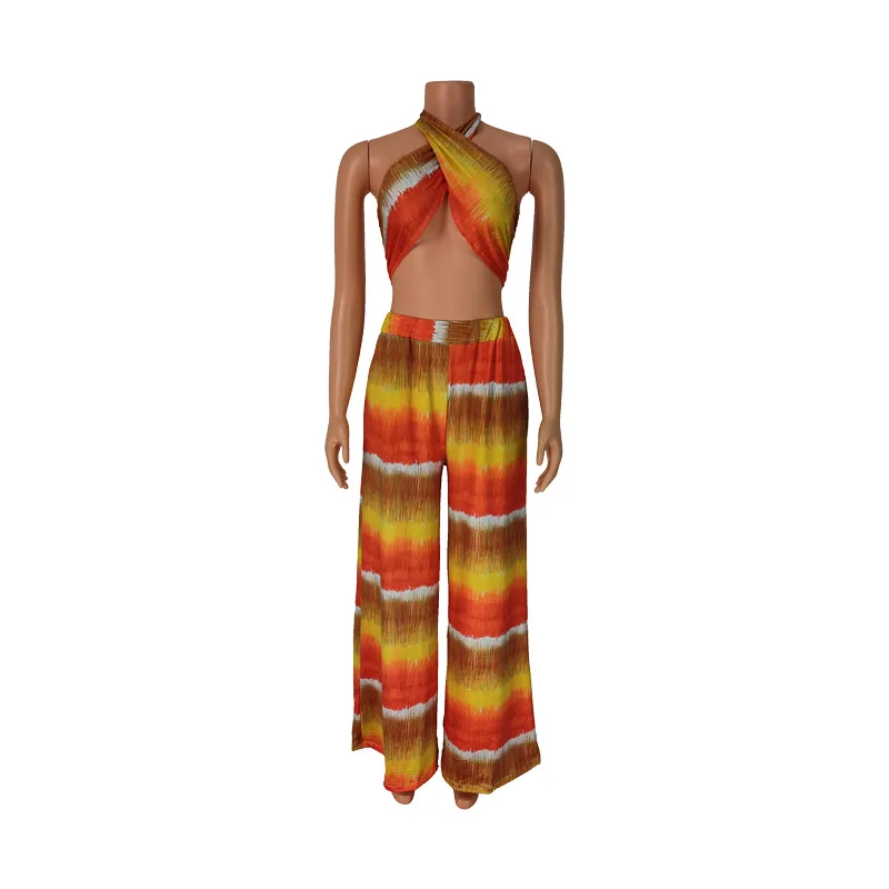 

Summer Cross Wrap Crop Top Backless Top Wide Leg Pants Set Two Piece Set Women Ladies Elegant Tie Dye Print Striped Suit