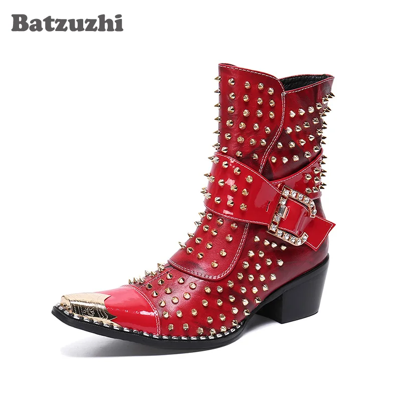 

Batzuzhi Men Rock Rivets Short Men's Boots 6.5cm High Heels Boots Pointed Metal Tip Buckles Motorcycle Botas Hombre, Size 38-46