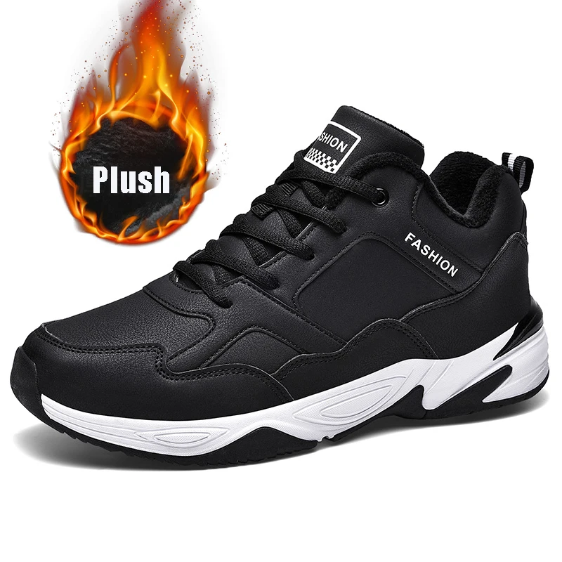 Size39-48, зимняя водонепроницаемая Спортивная обувь для мужчин, черная/белая спортивная обувь, легкие мужские кроссовки, спортивная обувь - Цвет: Plush Black