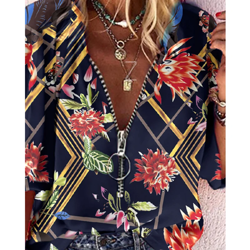 

WEPBEL Women's Elegant Floral Print Zipper Blouse Shirt Ladies Casual Fashion Half Sleeve V Neck Loose T-shirt Top