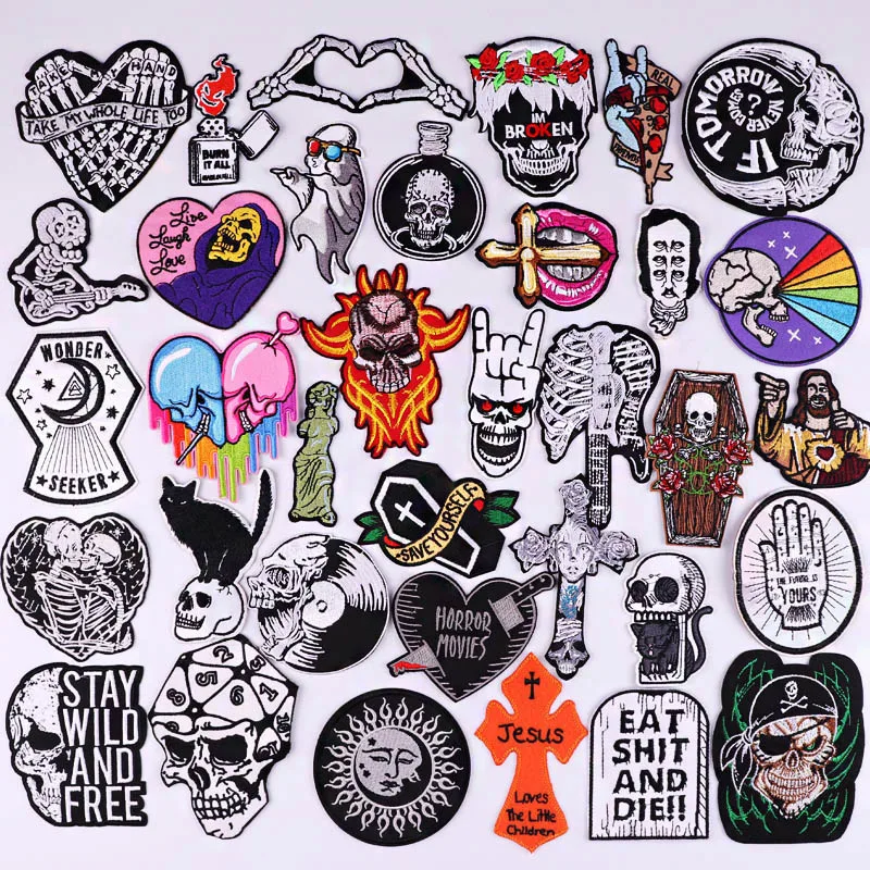 

Punk Skull Patches For Clothing Thermoadhesive Patches Gothic Iron On Patches For Clothes DIY Skeleton Embroidered Patch Stickes