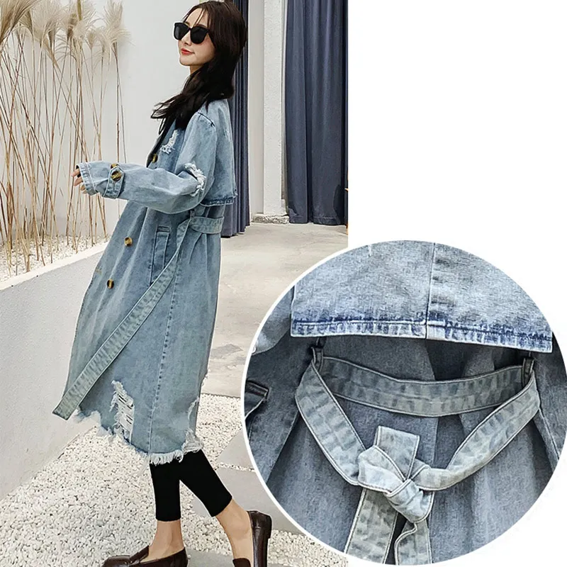 

100% Cotton Autumn Denim Coats Women Vintage Solid Mid-length With Sashes Loose Coat Female 2021 Winter Fashion Ladies Trench