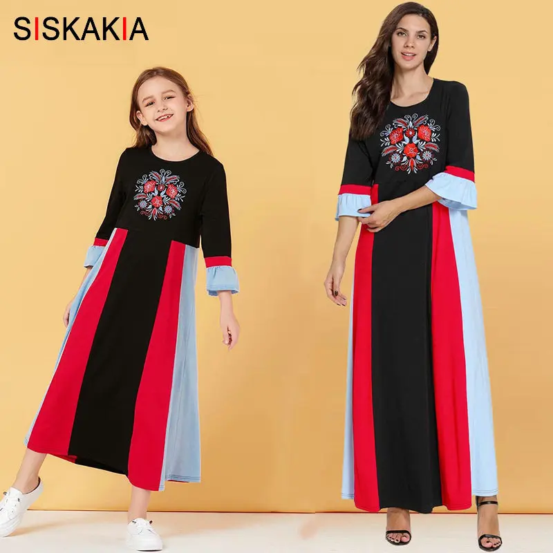 Siskakia Mama And Daughter Dress Long Family Matching Outfits Mother Big Girls Maxi Dresses Cotton Color Block Floral Embroidery | Мать и
