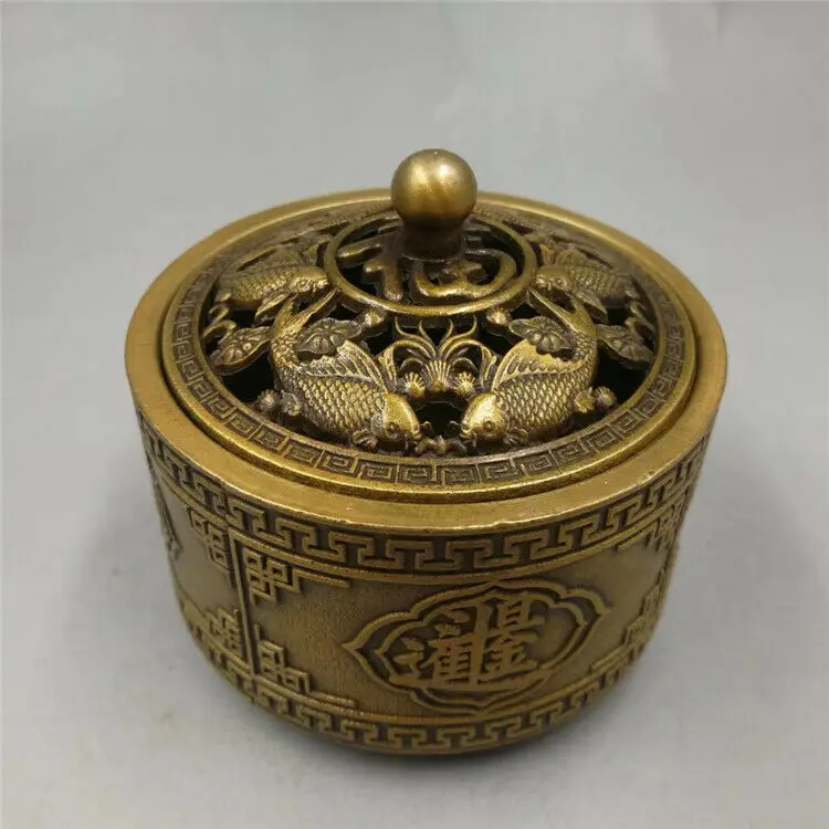 

Chinese Swimming Fish Brass Sandalwood Censer Incense Burner Ornaments Antique